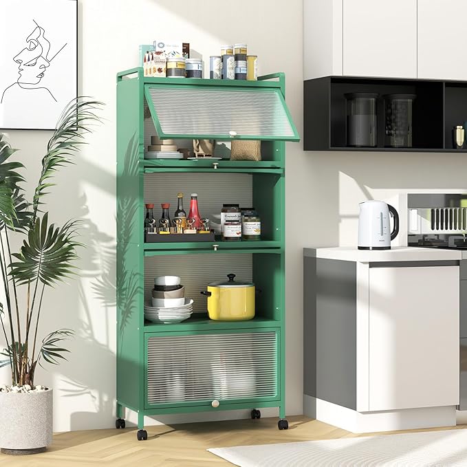 Giantex 5-Tier Kitchen Storage Cabinet, Mobile Microwave Stand with Flip-up PC Doors, Freestanding Kitchen Bakers Rack with 4 Rolling Casters, for Dining Room, Living Room and Study, Green