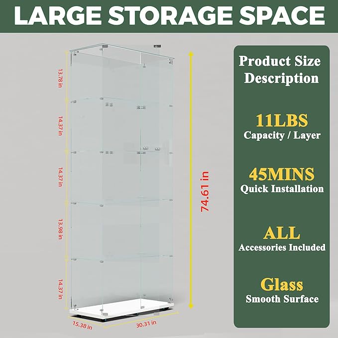 Glass Display Cabinet with LED Light Strip, 5 Shelves with 2 Doors, Glass Top Curio Storage Cabinets with Lock & Caster for Living Room,Floor Standing Bookshelf, Quick Installation - White