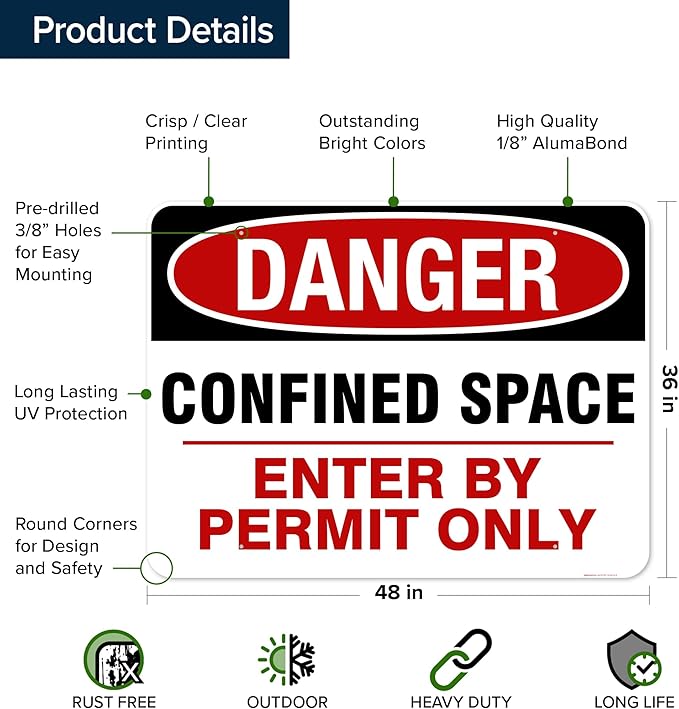 Danger Confined Space Enter By Permit Only Sign, 36x48 Inches, Rust Free DiBound, Fade Resistant, Made in USA by My Sign Center