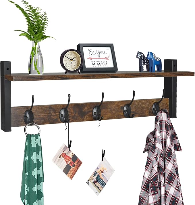 Coat Rack with Wall Mount, 24 Inch Long Entryway Wall Shelf with Hooks by Homode
