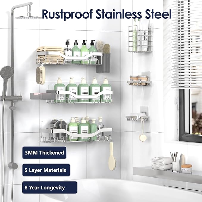 NESOMI Shower Caddy Adhesive Shower Organizer 8-Pack, Rustproof Stainless Steel - Image 5