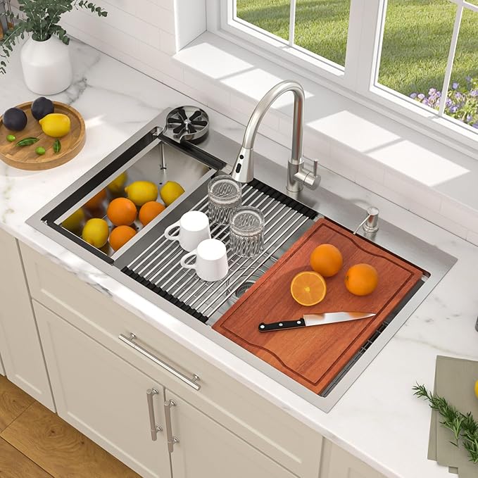 Dcolora 36 In. Workstation Kitchen Sink with Cup Washer, Drop In Luxury Extra Large Single Bowl for Big Kitchen, 304 Stainless Steel Heavy Duty 16 Gauge, 5 In 1 Valued Accessories #DC-TW258008S