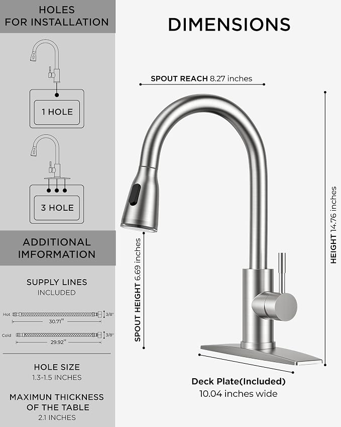 FORIOUS Kitchen Faucet with LED Light Sprayer, Single Hole, Brushed Nickel | - Image 2