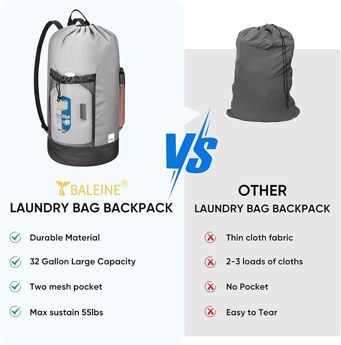 BALEINE 2PK 120L Laundry Bag Backpack, 900D Oxford Fabric Large Travel Laundry - Image 6