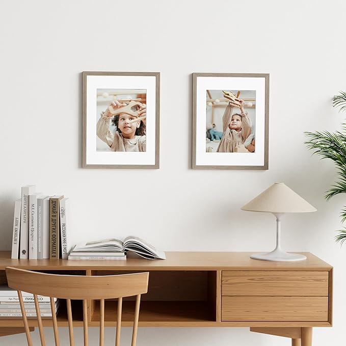Vittanly 11x14 Picture Frame Set of 2, Solid Wood Frame for Wall Art Photo and Prints, Display Photo 8x10 with Mat or 11x14 without Mat, Light Brown