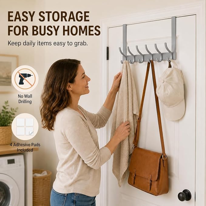 Peasulin Over The Door Hooks, 2 Pack Grey Door Hanger Rack | - Image 3