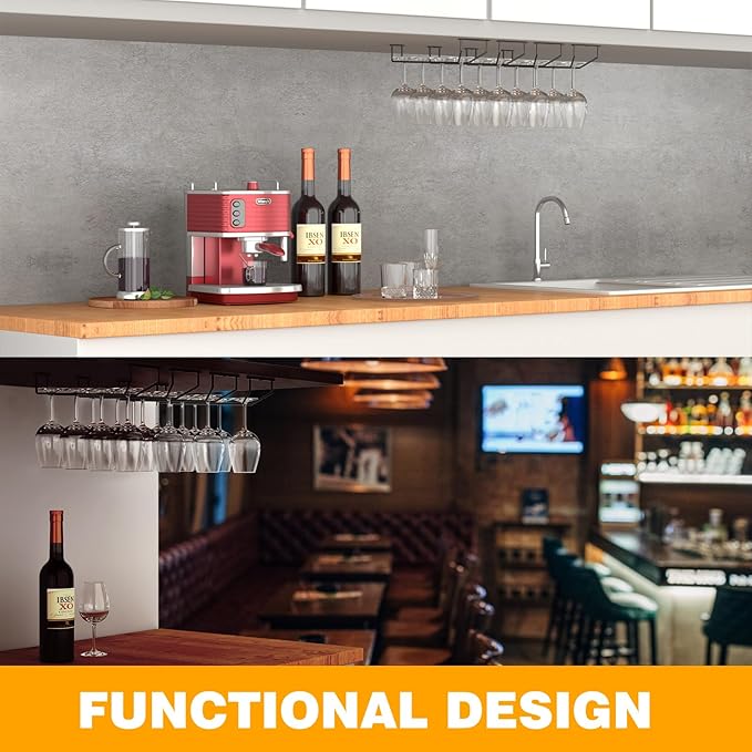 14-Inch Under Cabinet Wine Glass Holder - Metal Stemware Rack, Single Rail Hanging Rack for Kitchen Bar - Set of 3