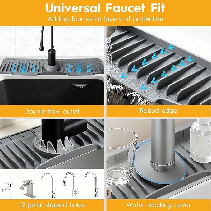 16" Silicone Faucet Mat for Kitchen Sink of The Lastest, Dark Grey | 8° Slope - Image 7