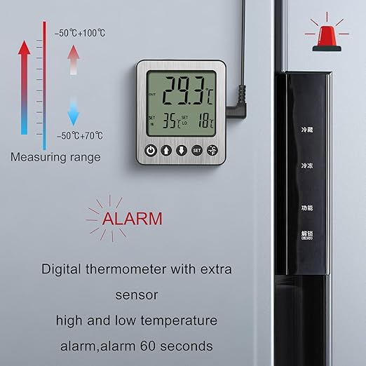 Refrigerator Thermometer Freezer Alarm Digital Freezer Thermometer Fridge Thermometer with Extra Sensor high and Low Temperature Alarm (1, White,ZZ10)
