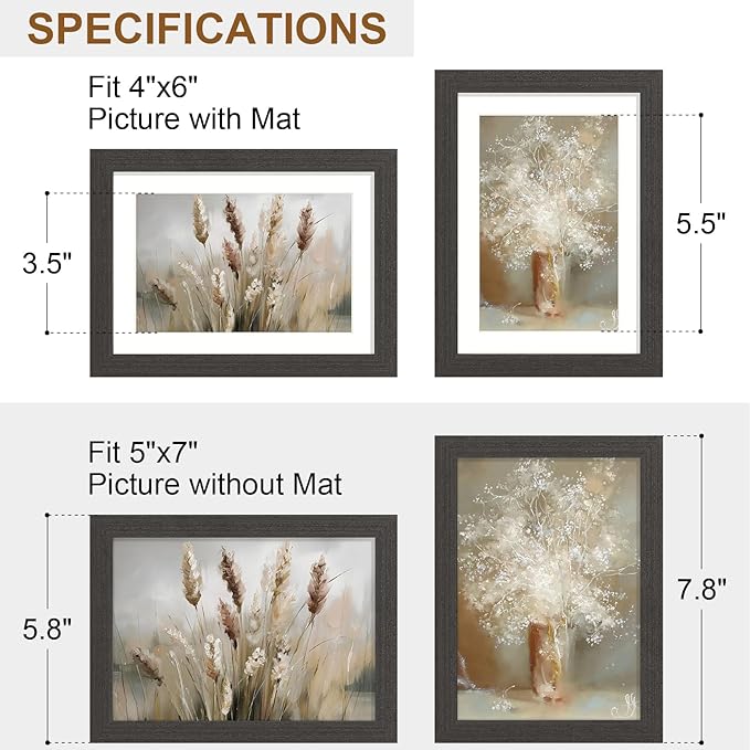 Vittanly 5x7 Picture Frame Set of 2, Solid Wood Frame for Wall or Tabletop, Display Photo 4x6 with Mat or 5x7 without Mat, Black