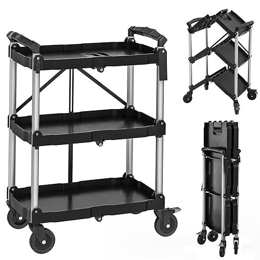 YITAHOME 3-Tier Folding Utility Cart with Wheels, Foldable Service Cart Collapsible Rolling Cart w/ 360° Swivel Wheels & Brake, 350lbs Load Capacity Portable Utility Cart for Kitchen, Warehouse