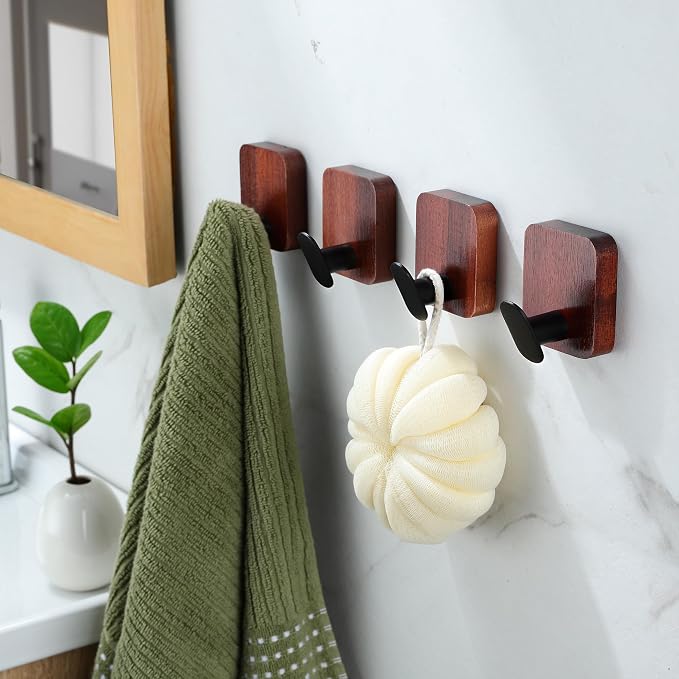 Acacia Wooden Towel Hooks Red Brown, 4 Pack Sticky Hooks - Image 2
