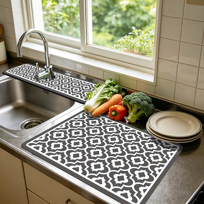 3 Pcs 2 Size Kitchen Sink Splash Guard Faucet Mat Simple Gray Plaid Pattern - Image 5