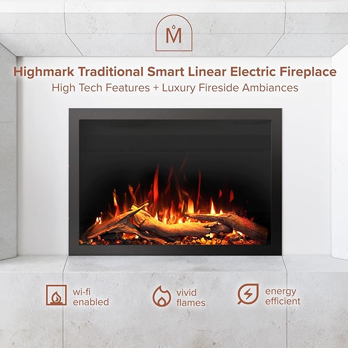 Modern Ember Highmark Traditional 30 Inch Built-in Smart Electric Fireplace Insert with Remote Control | Alexa/WiFi Enabled | Electric Firebox Heater with Multi-Color Flames | 1500W