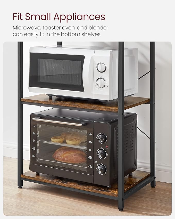 VASAGLE Coffee Bar, 23.6 Inches Baker's Rack for Kitchen with Storage, 6-Tier Kitchen Shelves with 6 Hooks, Microwave Stand, Industrial, Rustic Brown and Ink Black UKKS024B01