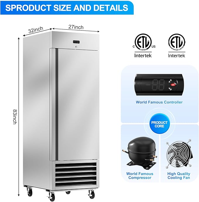 27" W Commercial Freezer, 21 Cu.ft Stainless Steel Reach-in Upright Freezer with Single Solid Door and 3 Adjustable Shelves for Restaurant, Commercial Kitchen, ETL Approved