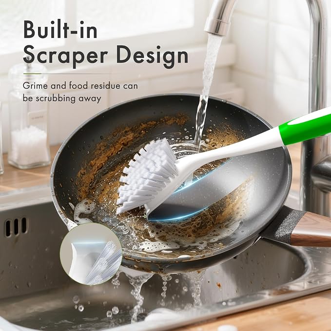 Dish Brush with Handle, 2 Pack Kitchen Scrub Brushes with Built-in Scraper - Image 3
