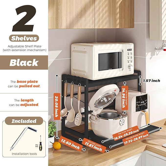 2-Tier Microwave Rack - Height Adjustable & Extendable Kitchen Shelf with Drawer - Carbon Steel - Includes Hooks & Reinforcement Suction Cups - Easy Assembly (Black)
