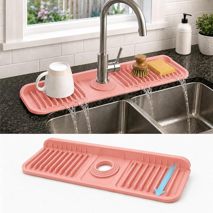 17" Silicone Faucet Handle Drip Catcher Tray, 7° Sloped Self Draining Mat by Unknown