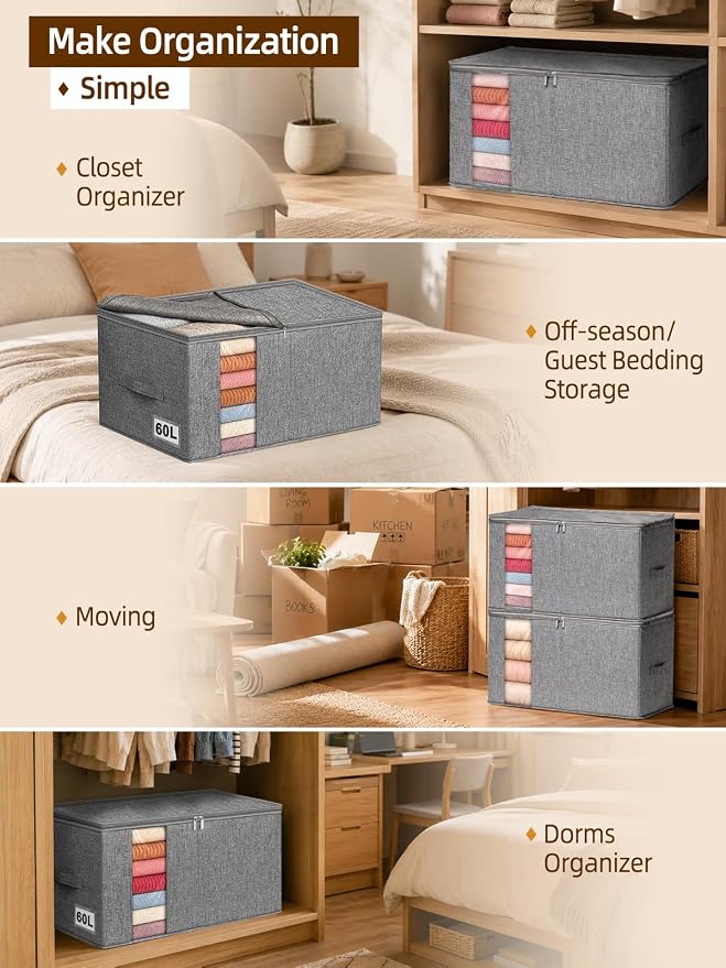 60L Rigid-Sided Blanket Storage Bags, 2 Pack, Stackable Design, - Image 8