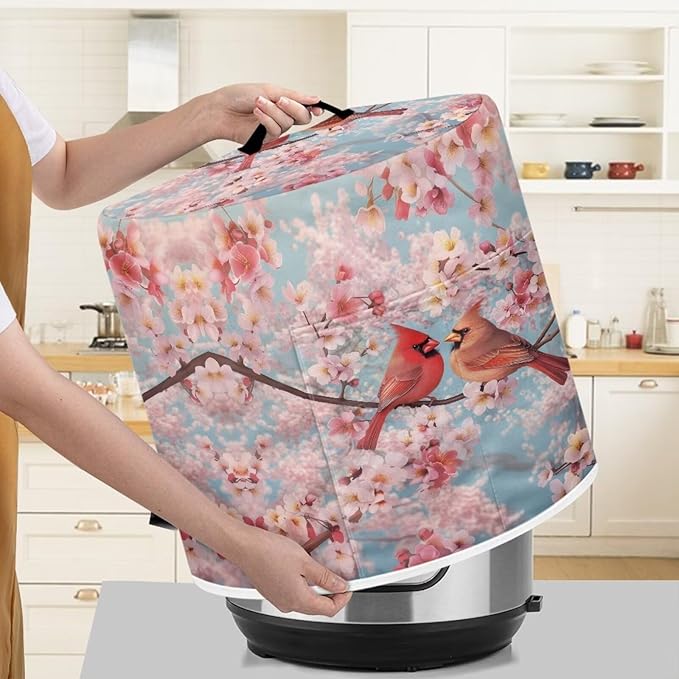 Xoenoiee Cardinal Bird Cherry Blossom Print Kitchen Appliance Dust Cover with Pockets, Electric Pressure Cooker Cover for qt Compatible with Crock Pot, Rice Cooker Cover, for 8 Qt Pot