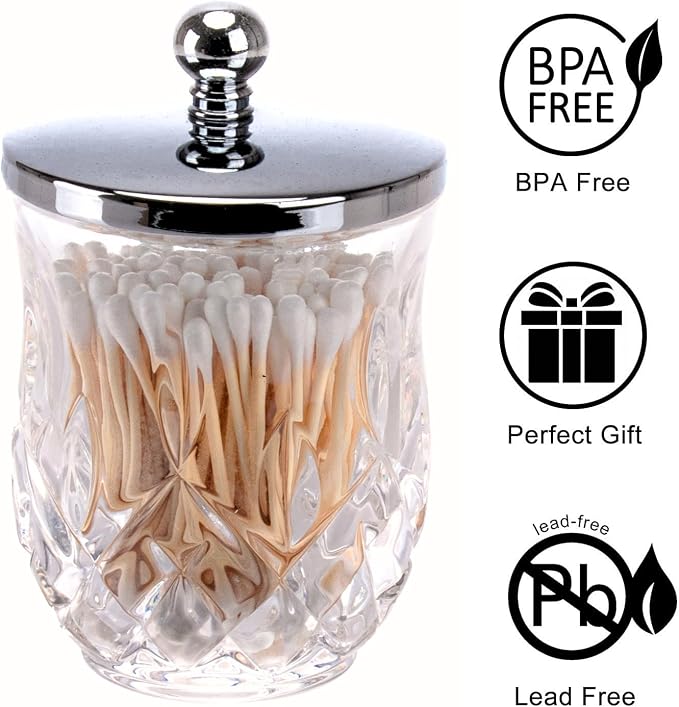 10Oz Clear Q-Tip Holder, Round Thick Glass & Metal Lid - Image 5