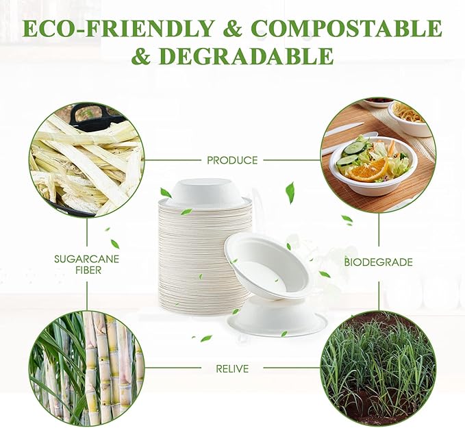 Vplus 200 Pack 12 OZ Paper Bowls, Disposable Compostable Bulk, Eco-friendly Bagasse, Heavy-duty Bowls Perfect for Milk Cereals, Snacks, Salads