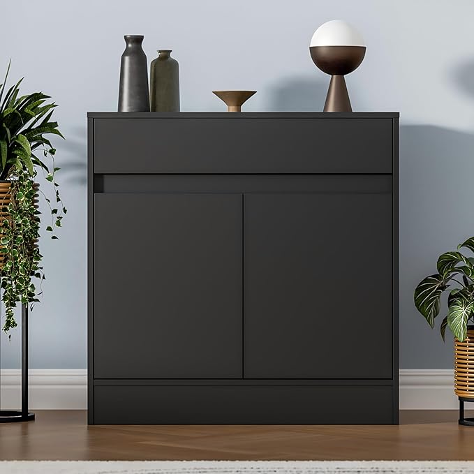 Buffet Cabinet with 2 Doors and Drawer, Coffee Bar Cabinet with Adjustable Shelf, Modern Kitchen Buffet Sideboard for Living Room, Kitchen, Black