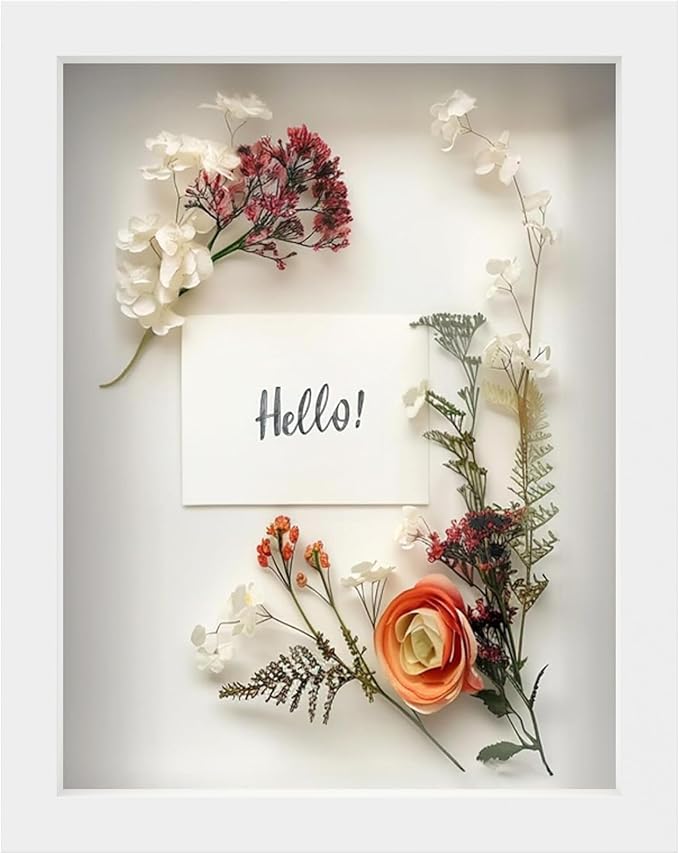 FrameWorks 8.5” x 11” White Wooden Shadow Box Frame – Display Case with Soft Felt Back, Memory Box with Tempered Glass, Display Box with Elegant White Ball Push Pins, Wooden Flower Box