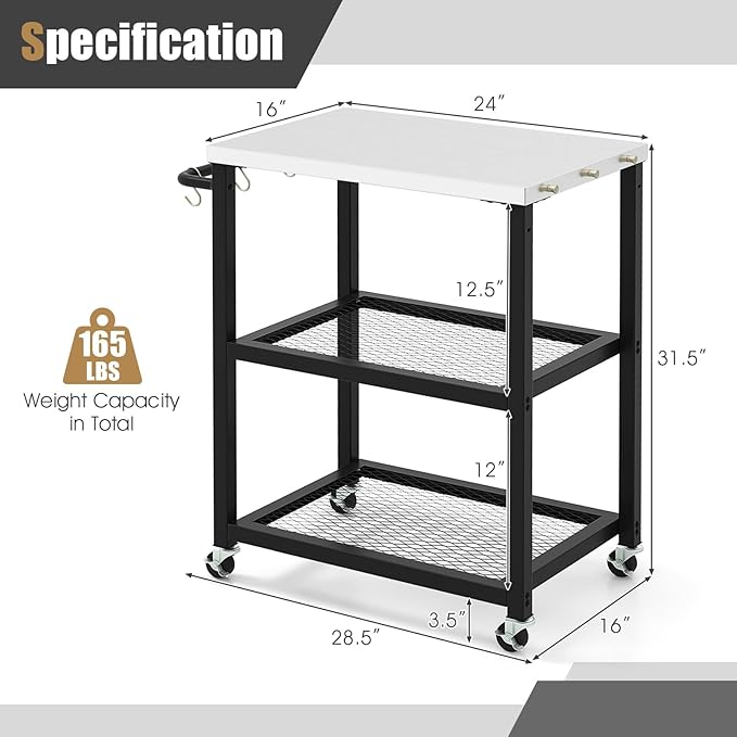 Giantex Outdoor Grill Cart - Movable Pizza Oven Stand with Stainless Steel Top, 2 Storage Shelves, 9 Hooks, Food Prep Cooking Table with Lockable Wheels, Dinning Serving Cart for Kitchen BBQ Party