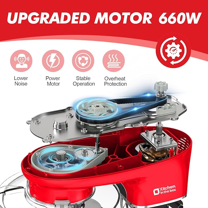 Kitchen in the box Stand Mixer, 6.5QT 660W Kitchen Electric Mixer, 6-Speed Tilt-Head Food Mixer with Dough Hook, Wire Whip and Beater (Red)