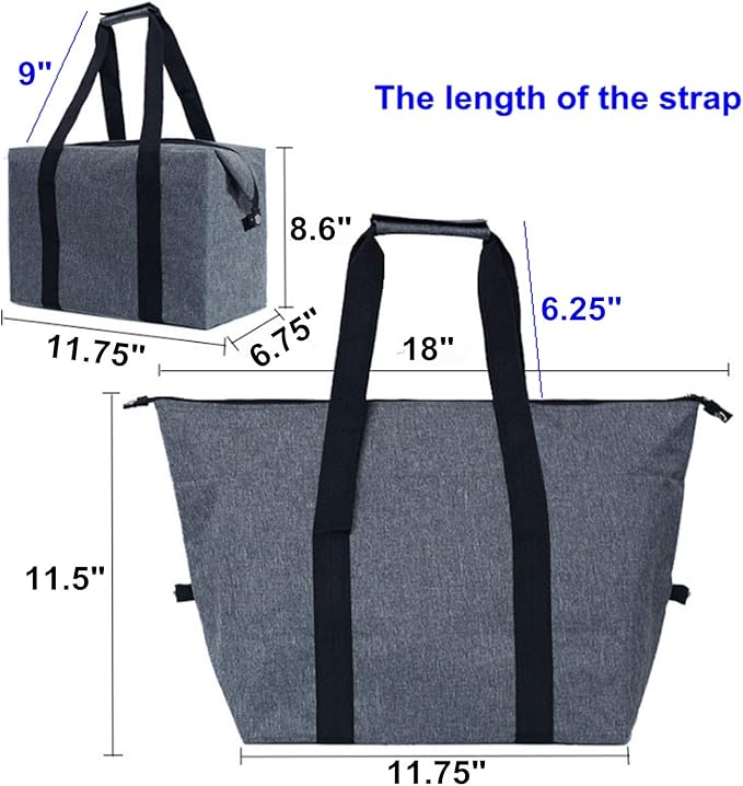 Reusable Insulated Shopping Cooler Bag with Zipper Top for Grocery, Thick Alumimum Foam Tote Thermal Bag for Frozen Cold Hot Foods Transport, Grey
