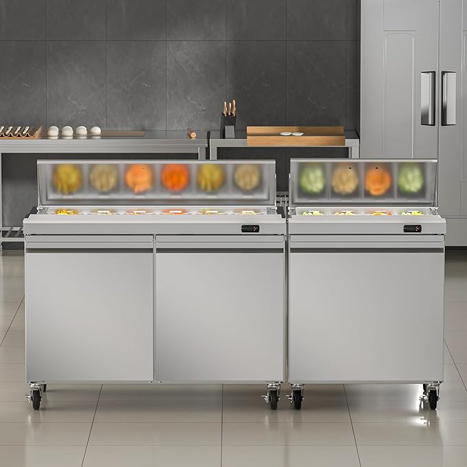 48" W Commercial Sandwich Prep Table Refrigerator, 13.8 Cu.ft Commercial Salad Bar with 12 Pans, Stainless Steel Refrigerated Sandwich Prep Table 2 Solid Door for Restaurant, Bar, Shop, etc.