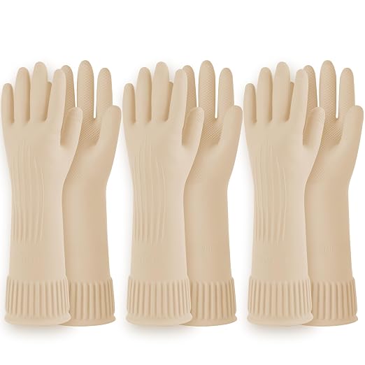 Rubber Dishwashing Gloves, Non-Slip Kitchen, Ivory Medium, 3 Pairs | Korean by QualityKitchenandHome
