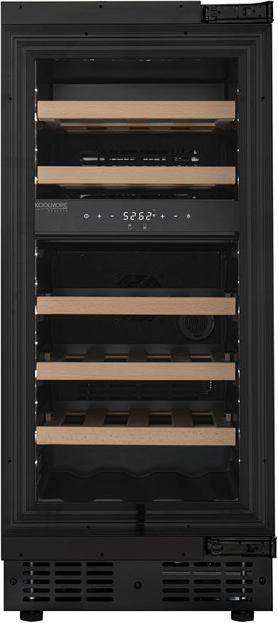 KoolMore Reserve 15 in. Under-Counter Panel Ready Dual Zone Built-in Wine Cooler with 23 Bottle Capacity and Wooden Shelves in Black, ETL Listed (KM-CW28DZ-WPR)