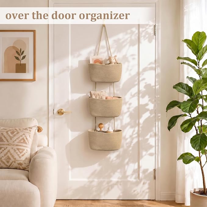TeoKJ Over the Door Hanging Basket, 3-Tier Woven Cotton Wall-Mounted Storage - Image 2