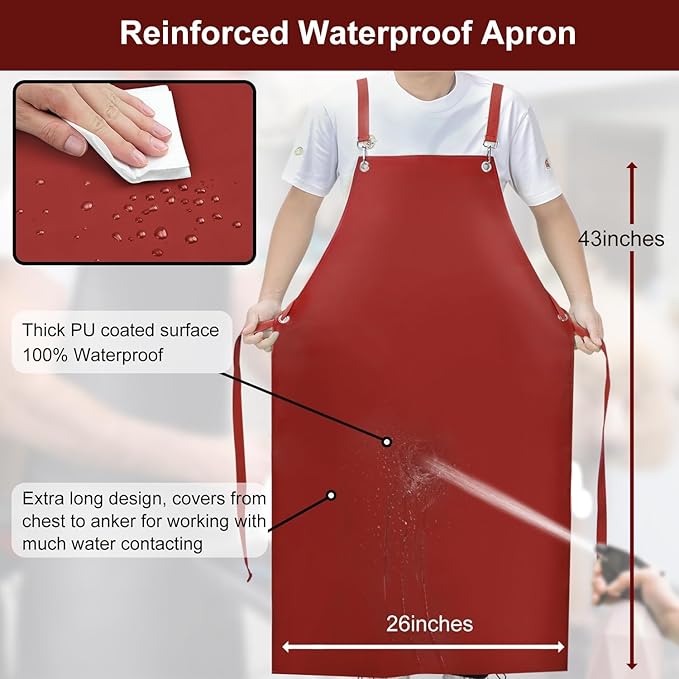2 Pack Heavy Duty Vinyl Dishwasher Apron Adjustable Cross Back Strap for Dishwasher, Butcher, Dog Grooming, Chemical Resistant, 43" Long Thicker Apron Red