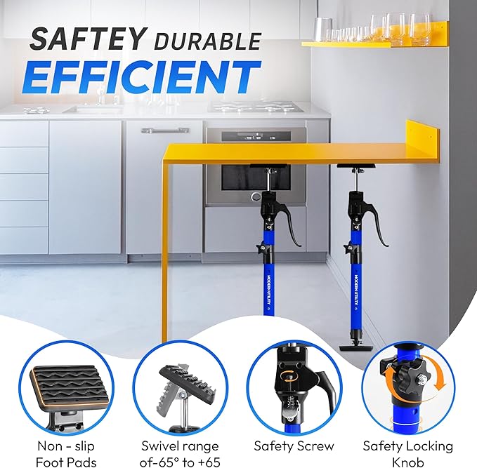 Adjustable Cabinet Jacks for Installing Cabinets (14.2-23.2 Inches 2 Pack) Heavy Duty 200 lb Metal Quick Support Rod & Third Hand Support System with Swivel Non-Slip Pads for Drywall and Ceilings.
