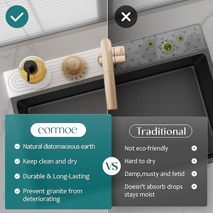 30 Inch Faucet Mat for Kitchen Sink - Instant Dry Sink Protector for Countertop, Extra-Long Diatomaceous Earth Stone Sink Tray Around Faucet for Kitchen Bathroom RVs (Light Grey, 30" x 3.9")
