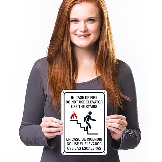 In Case Of Fire Do Not Use Elevator Use The Stairs Bilingual Sign, Fire Safety Sign, 10x7 Inches, Rust Free .040 Aluminum, Fade Resistant, Indoor/Outdoor Use, Made in USA