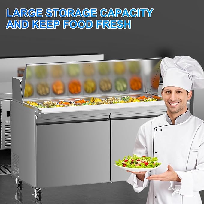 60" W Commercial Refrigerator Sandwich Salad Prep Table, 17.8 Cu.ft 2 Door Commercial Stainless Steel Mega Top Food Prep Fridge with 24 Pans, Salad Prep Station for Restaurant, Bar, Shop