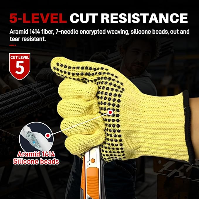 Heat Cut Resistant Gloves,Aramid Oven Gloves with Fingers,Heat Resistant Up to 550°F, silicone beads Thick Knit Design,Machine Washable - Grill Mitts for Men & Women(silicone beads, Large)