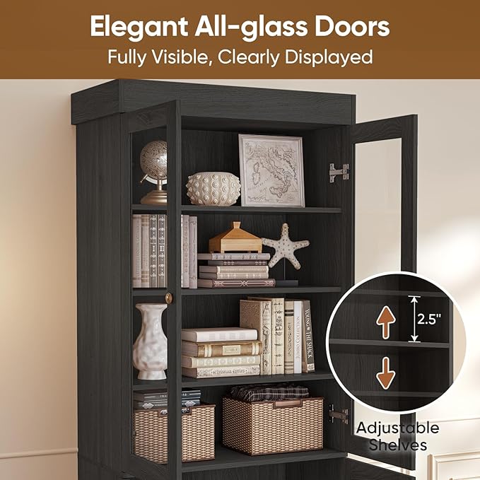 Vyre 71" Tall Farmhouse Kitchen Pantry, Set of 2 Large Storage Cabinets with Glass Doors, Adjustable Shelves, Wood Versatile Hutch Cabinet for Living Room, Dining Room, Black