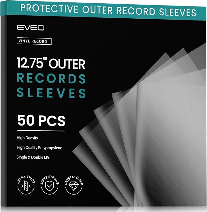 EVEO 50 Vinyl Record Sleeves Outer – Crystal Clear Outer Vinyl Sleeves LP Album Covers 12.75"x12.75" | Perfect Fit Protective 3 Mil Protection for Single & Double LPs - Archival Standard