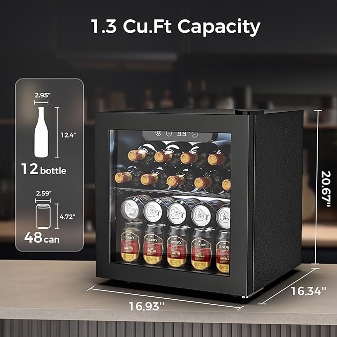 Wine Fridge Freestanding Counter-top 12 Bottles, 50 Cans Wine Cellar Drink Cooler for Soda, Canned Beer, Adjustable Digital Temperature Control for Home Dorm Office, Black