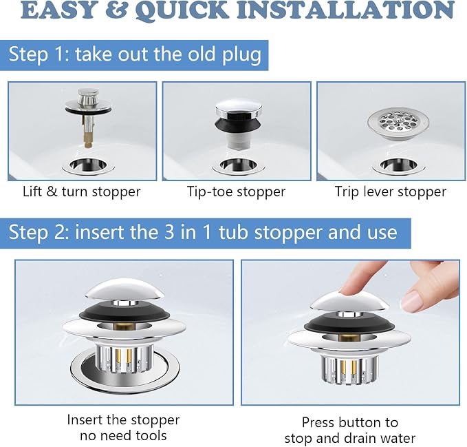 Universal 3 in 1 Bathtub Drain Stopper Bathtub Drain Hair Catcher, Pop-up Tub - Image 7