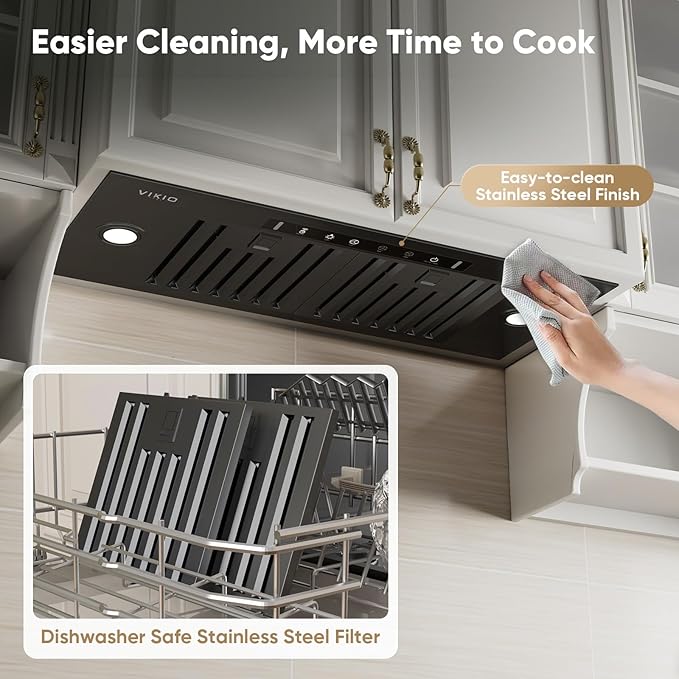 Range Hood Insert 30 Inch, Ducted/Ductless Convertible, 980 CFM Built-in Kitchen Vent Hood,Stainless Steel Range Hood with Gesture & Touch Control, Black Hoods for Over Kitchen Stove