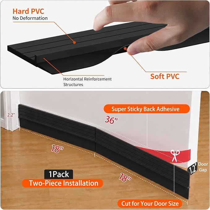 2Pc Total 72" Hard Door Draft Stopper, Door Sweep - Image 2