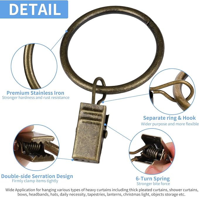 Curtain Rings with Clips, 42 Pack Metal Drapery Rings with Clips Hooks Hangers - Image 4