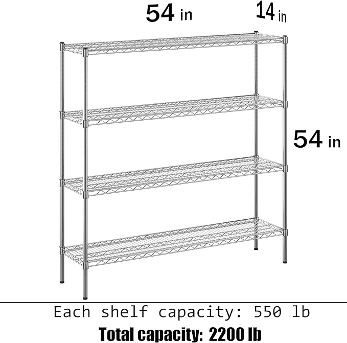 14" Deep x 54" Wide x 54" Height Wire Shelving Kit | 4-Tier | NSF Commercial Storage Rack Unit